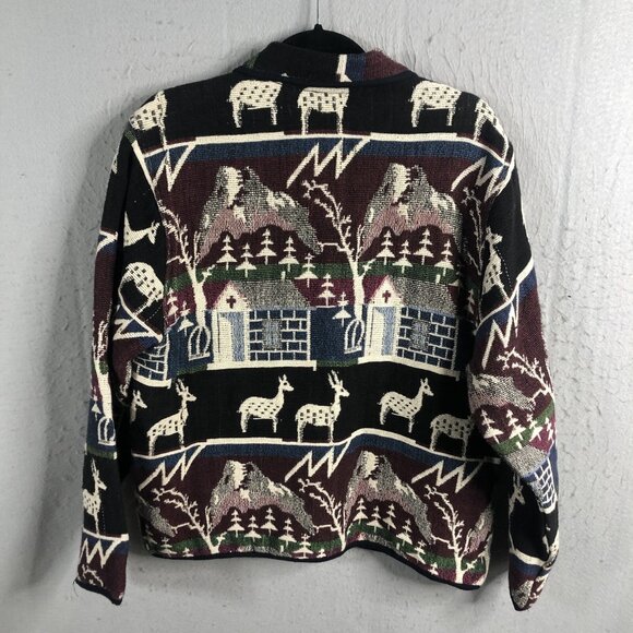 Jane Ashley Jacket Womens Medium Tapestry Mountain Scene Reindeer Pines Church - Picture 2 of 16